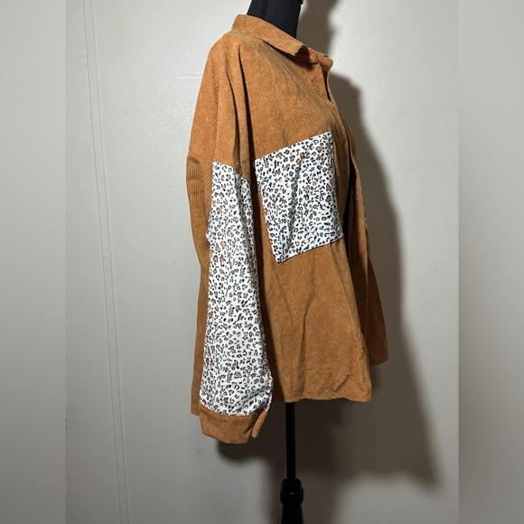 Brown Corduroy Leopard Colorblock Shirt Shacket NWOT Size XL - Picture 4 of 6
